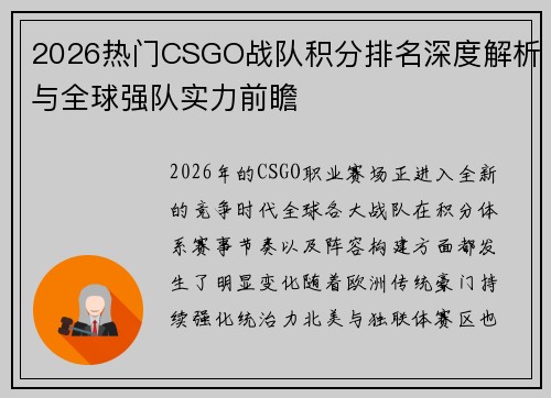 2026热门CSGO战队积分排名深度解析与全球强队实力前瞻 2026热门CSGO战队积分排名深度解析与全球强队实力前瞻