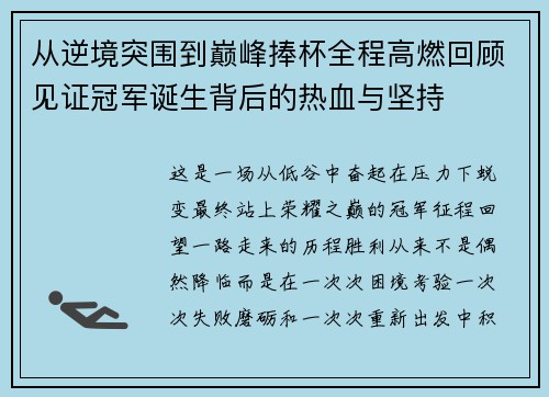 从逆境突围到巅峰捧杯全程高燃回顾见证冠军诞生背后的热血与坚持