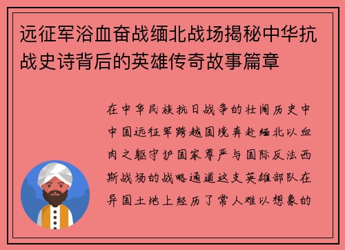 远征军浴血奋战缅北战场揭秘中华抗战史诗背后的英雄传奇故事篇章