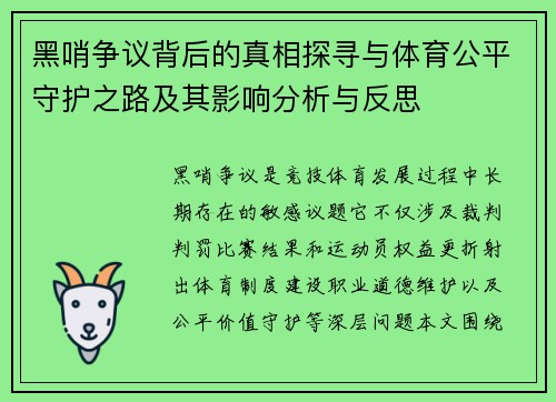 黑哨争议背后的真相探寻与体育公平守护之路及其影响分析与反思